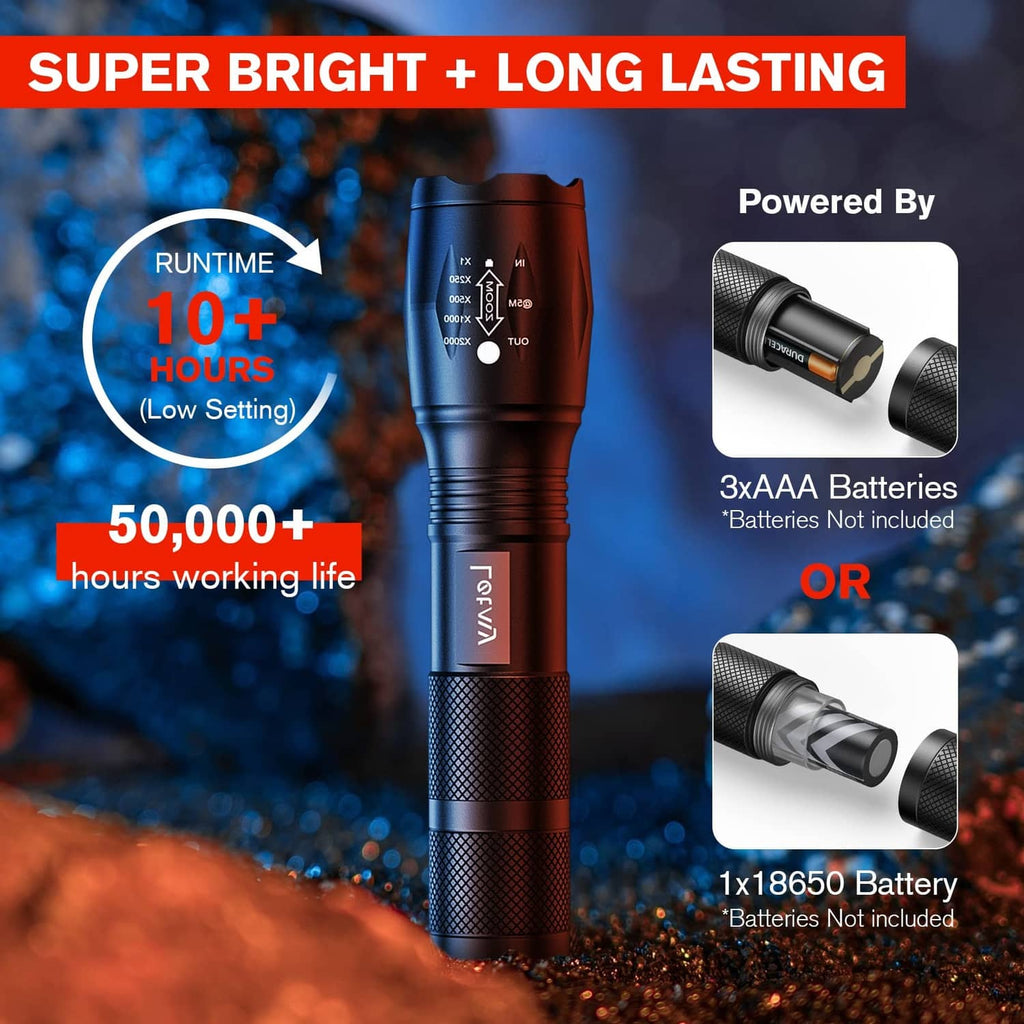 Black tactical LED flashlight with knurled grip and focusable front lens