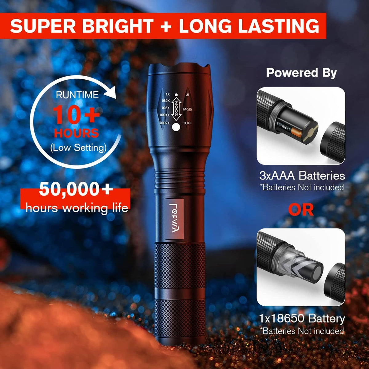 Black tactical LED flashlight with knurled grip and focusable front lens