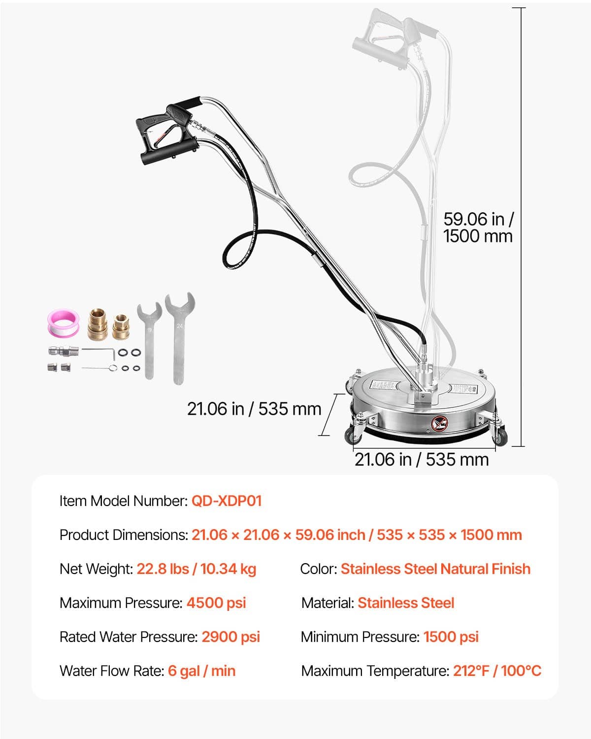 Pressure washer surface cleaner with dual handle and 4 wheels, shown with hardware accessories
