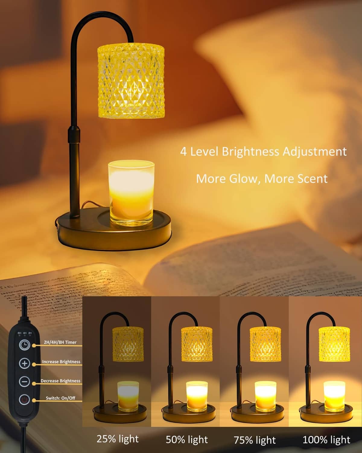 Black candle warmer lamp with adjustable brightness and lit candle in amber lantern shade