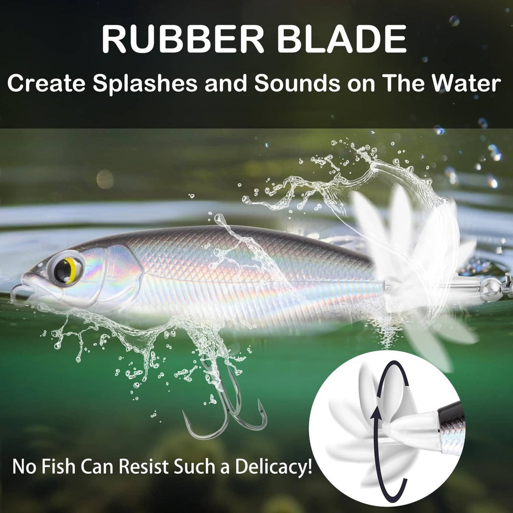 Silver topwater lure with rubber blade tail and treble hooks for surface fishing