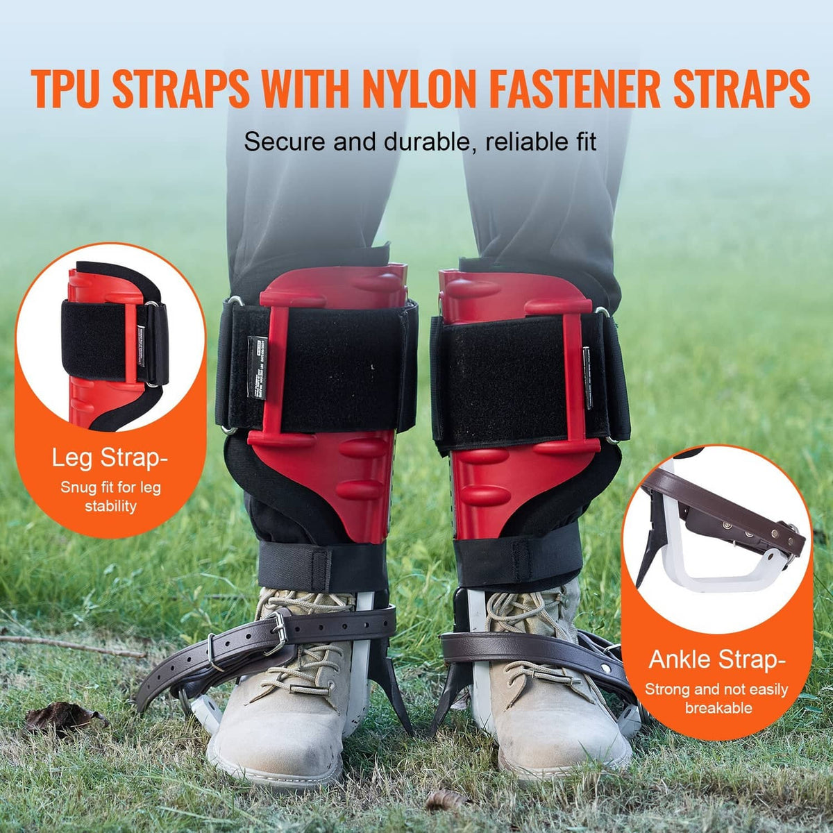 Tree climbing spikes set with red frame, black pads, and brown ankle and leg straps