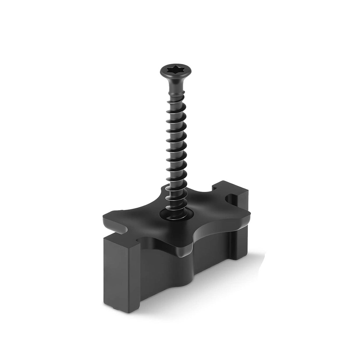 Black hidden deck T-clip fastener with crossbar and attached screw