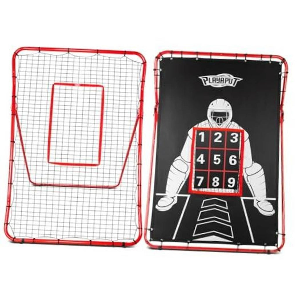 Two-piece baseball rebounder and pitching net with red frame and white grid panels