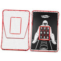 Two-piece baseball rebounder and pitching net with red frame and white grid panels