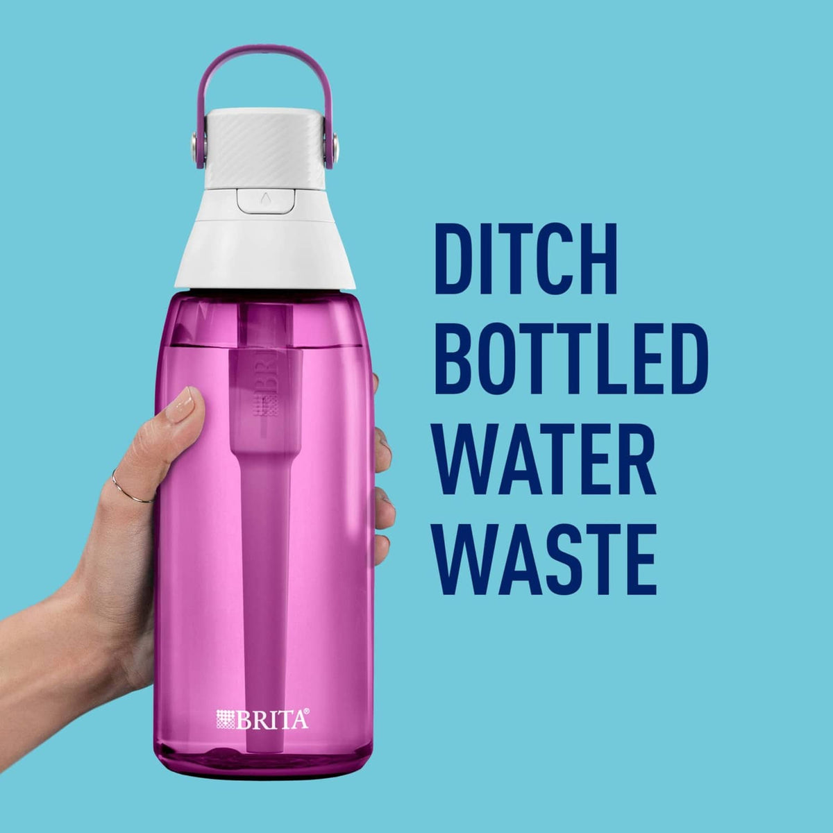 Orchid purple filtering water bottle held in hand with white lid and carry handle
