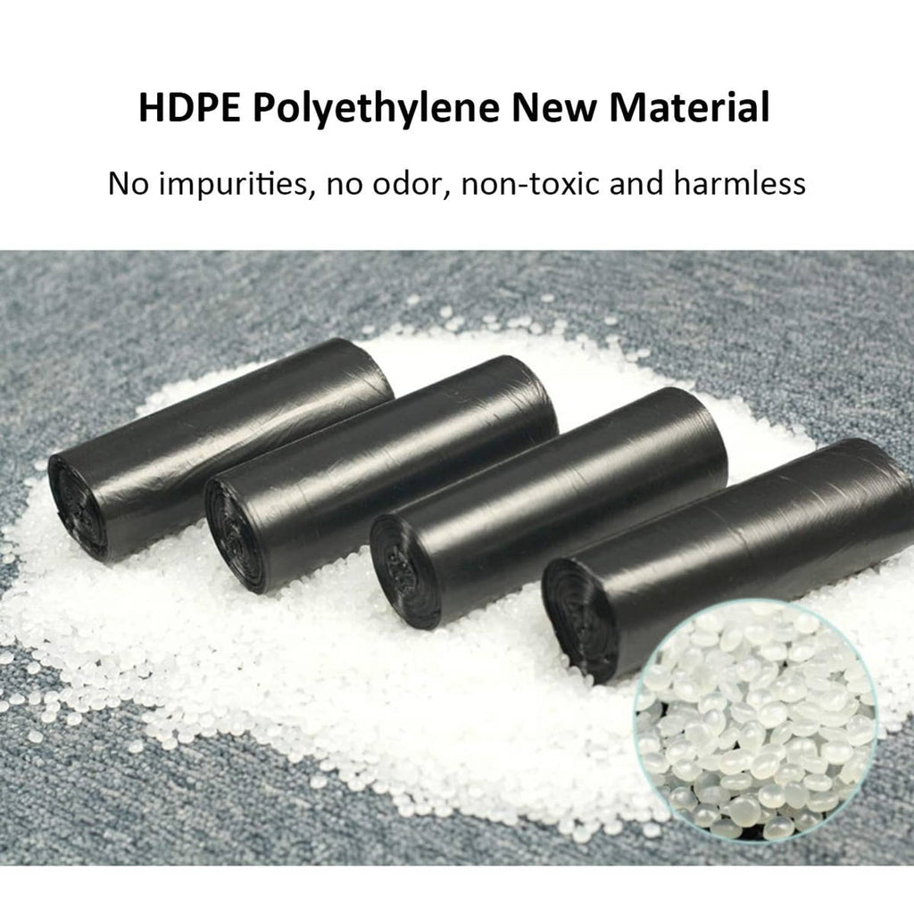 Black trash bag roll made of HDPE polyethylene, shown with small pellets