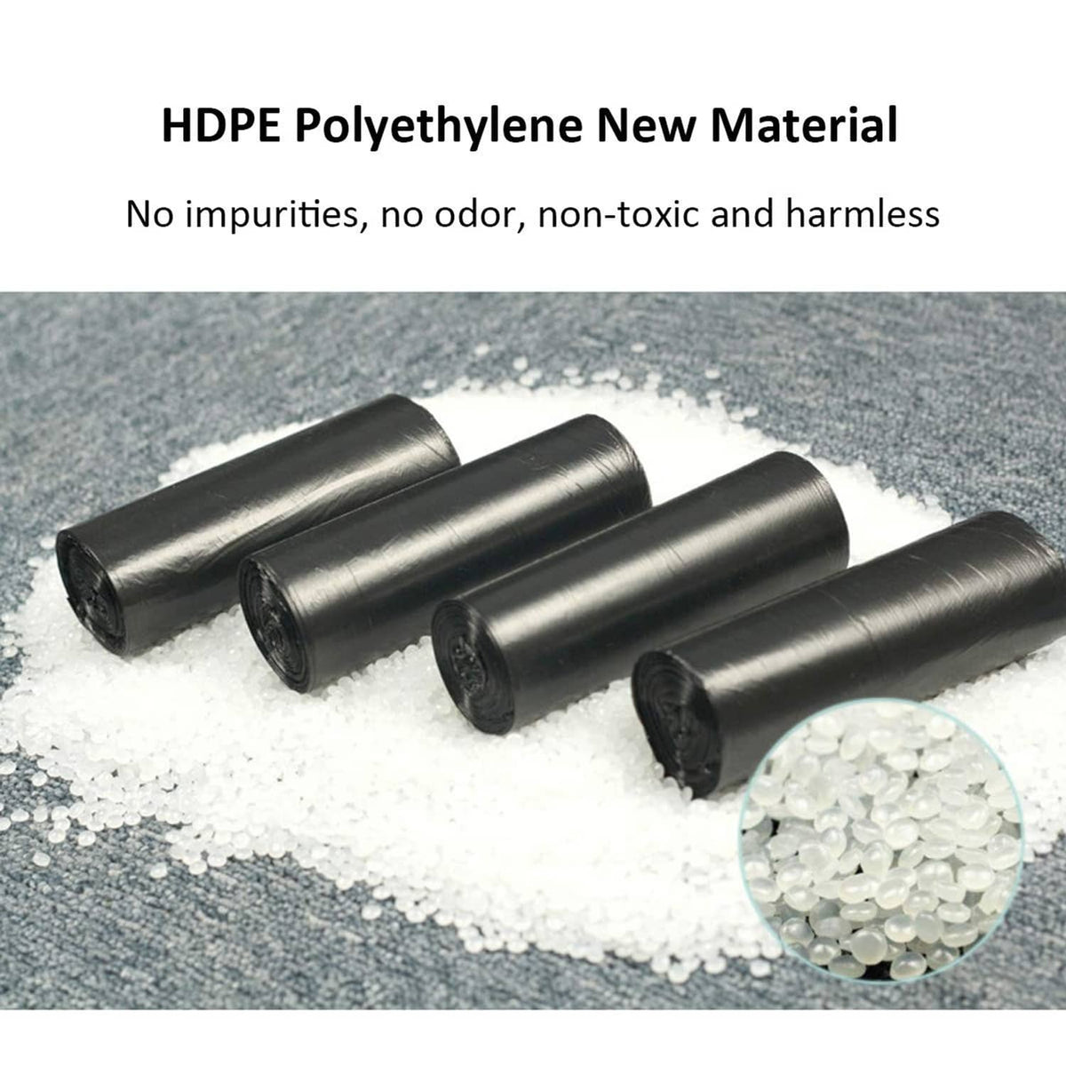 Black trash bag roll made of HDPE polyethylene, shown with small pellets