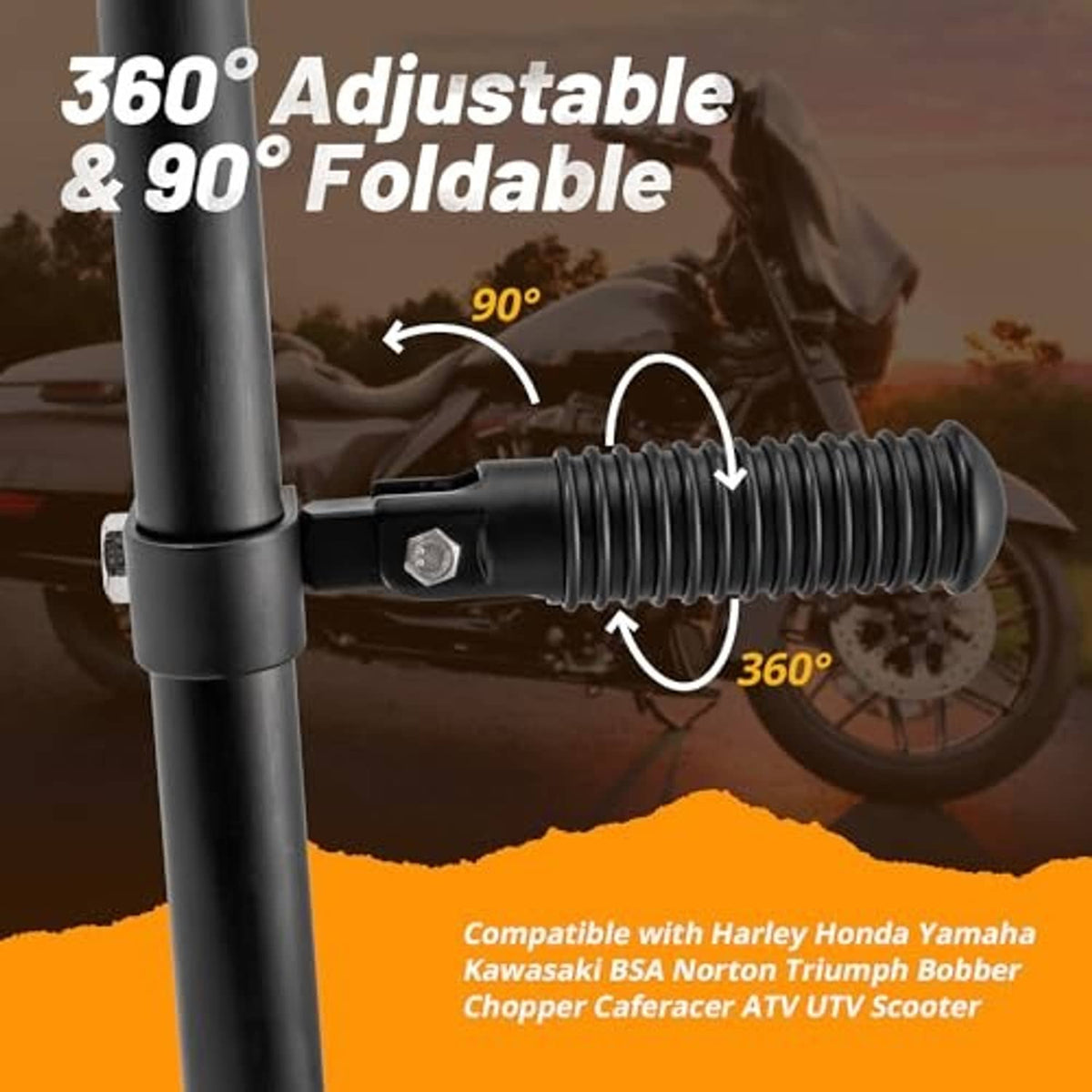 360-degree adjustable foldable black motorcycle foot pegs with U-clamp and rubber springs