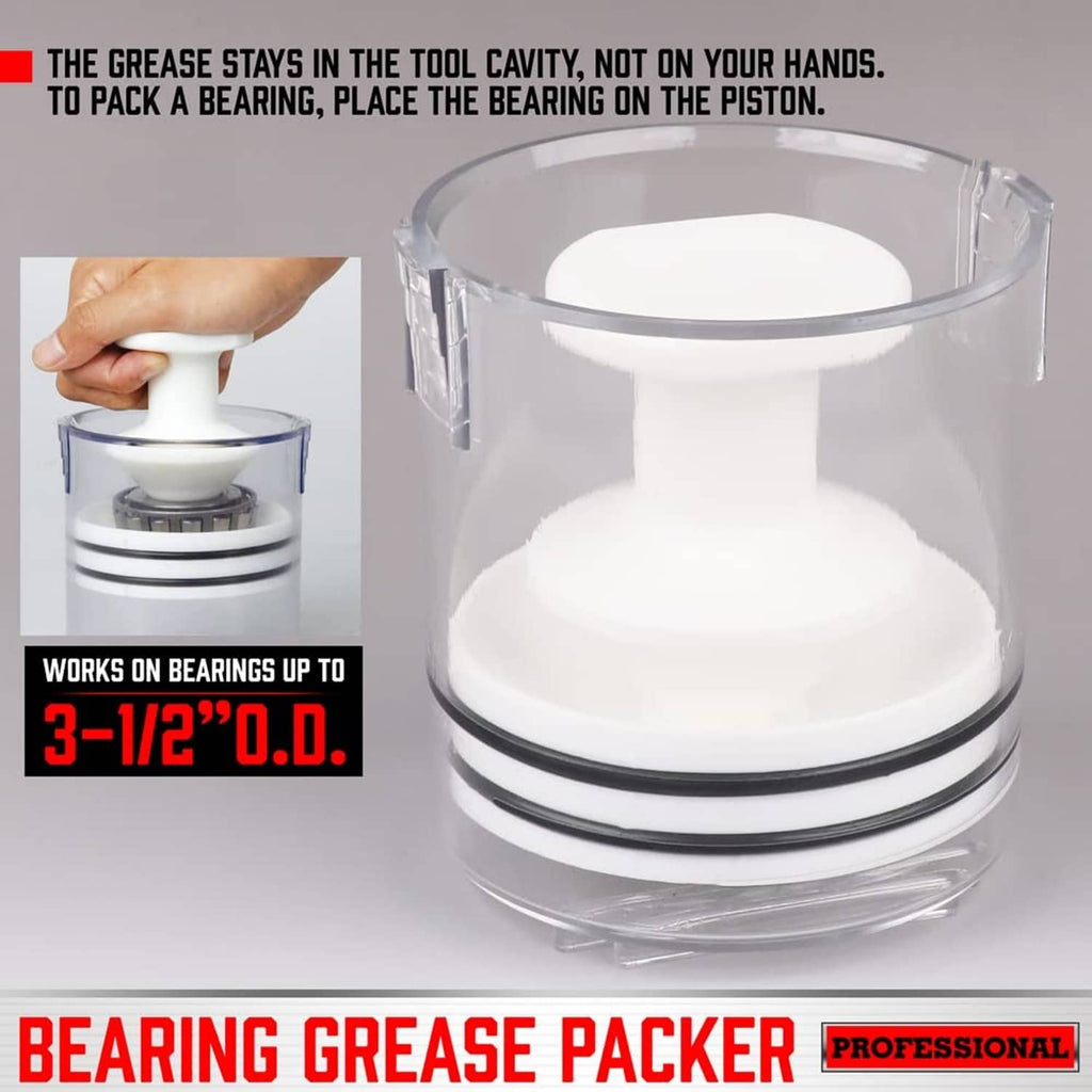 Bearing grease packer showing white piston inside clear cup with red grease jar