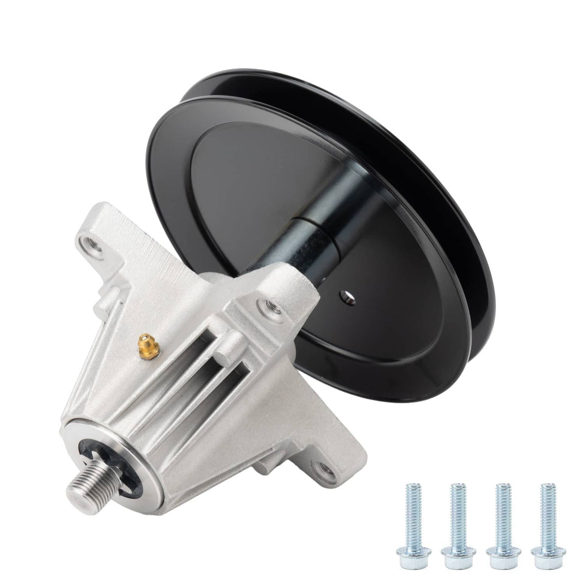Deck spindle assembly with black pulley wheel and silver mounting bracket, with screws.