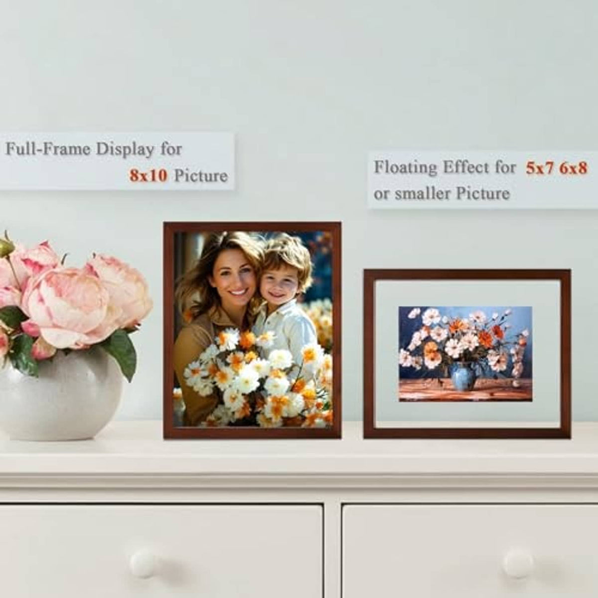 Walnut floating photo frame with floral portrait, shown on shelf display