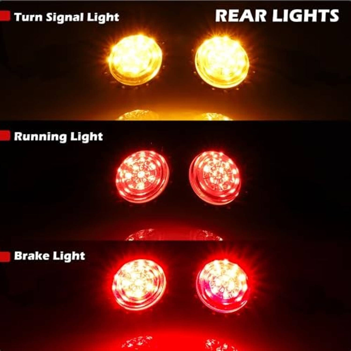 Motorcycle LED light modes: amber turn signals and red brake lights on bullet lenses