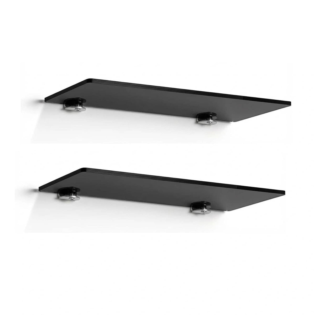 Black acrylic floating shelf set with two tiers and metal mounting brackets