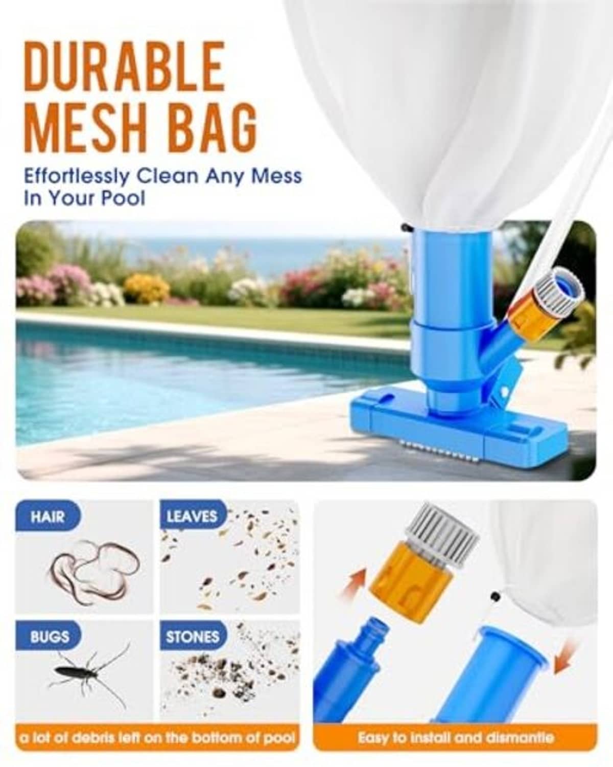 Blue pool vacuum cleaner with screen bag and brush base for collecting debris