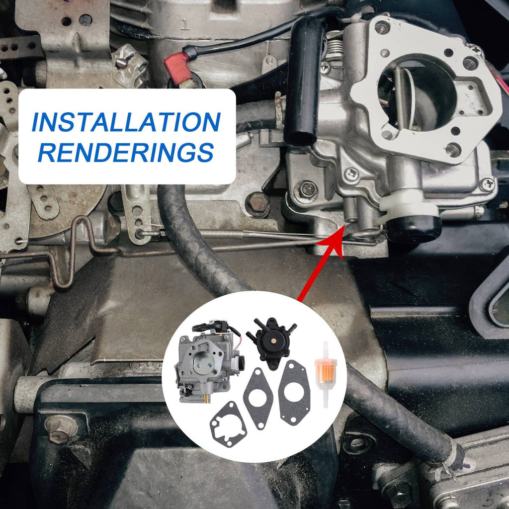 Carburetor installed on engine with included gaskets and fuel filter shown