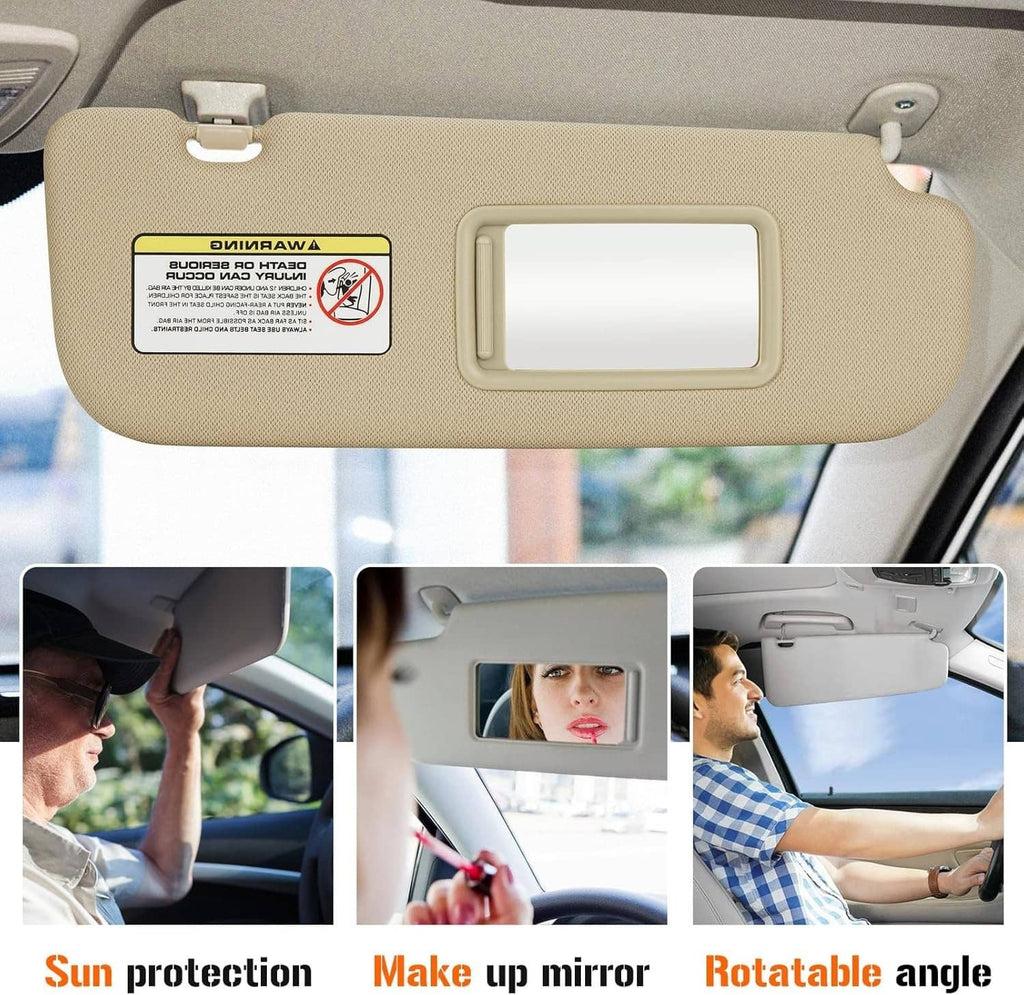 Beige right sun visor installed in car interior with mirror panel and clips
