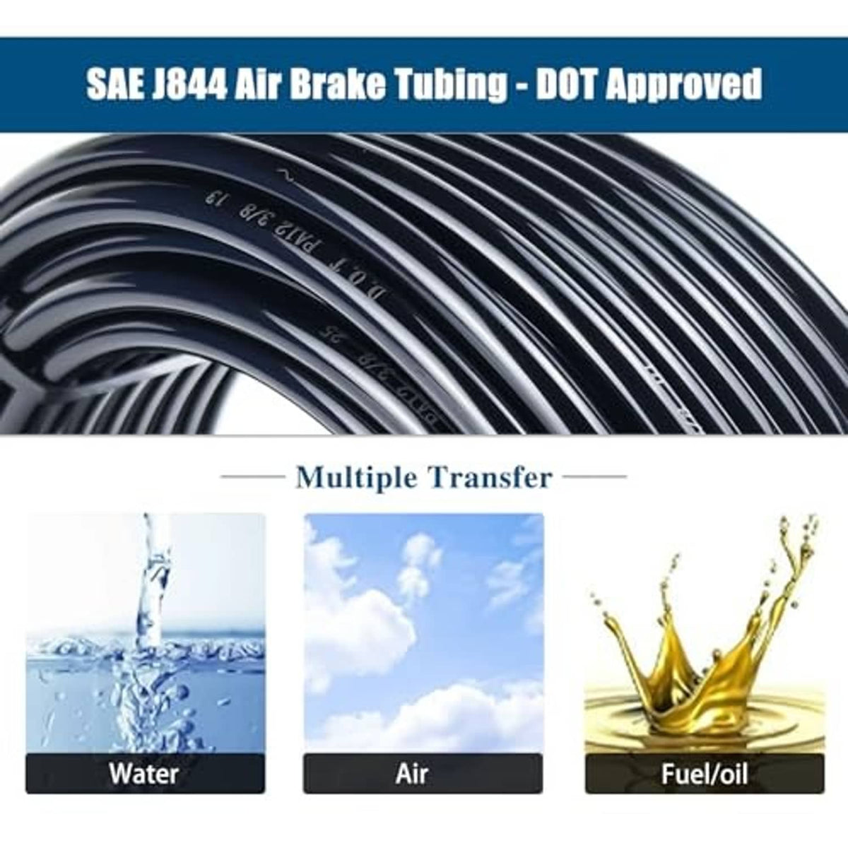 Coiled black air brake tubing with repeated hose markings, 32.8 ft length