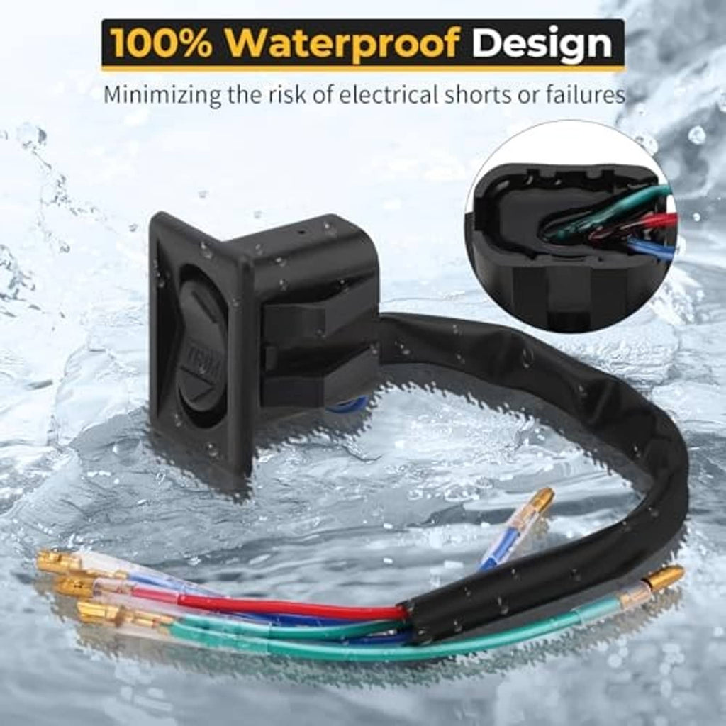 Tilt switch with multicolor wire harness submerged in water with splash droplets