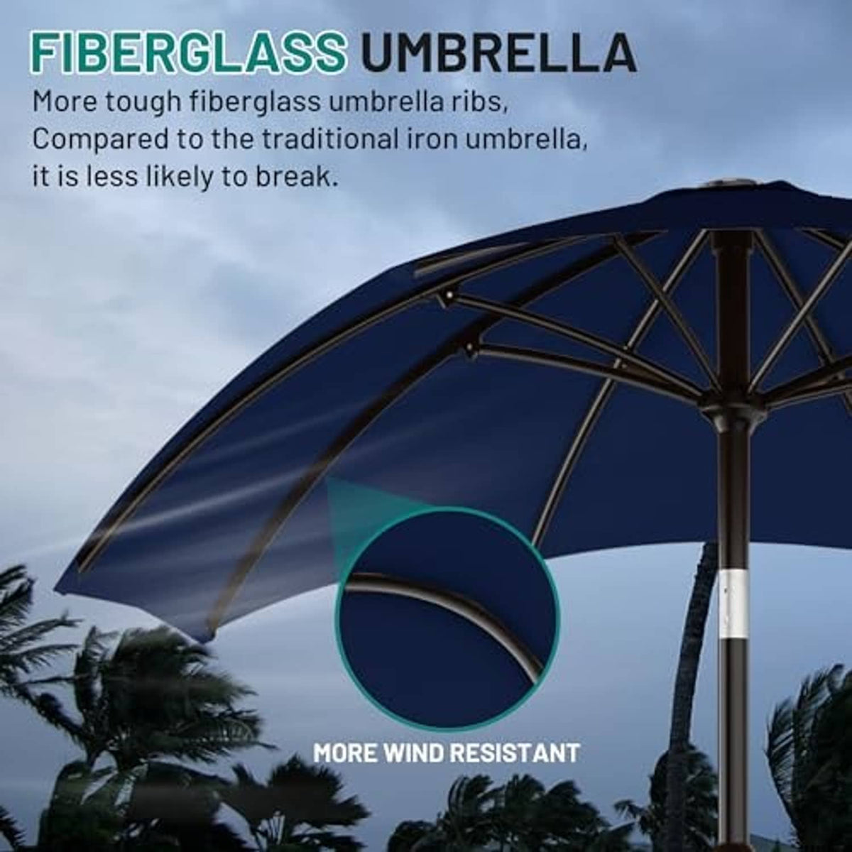 Navy outdoor patio umbrella with curved canopy and finial on the center pole