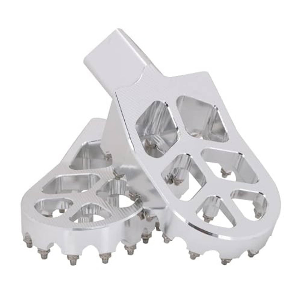 Silver dual foot peg set with traction cutouts and mounting bolts