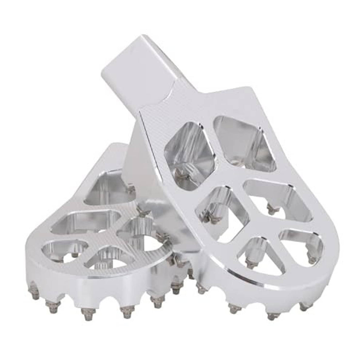Silver dual foot peg set with traction cutouts and mounting bolts