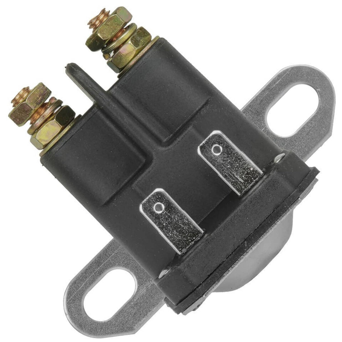 Starter relay solenoid with black housing, two gold terminals, and gray mounting eyelets