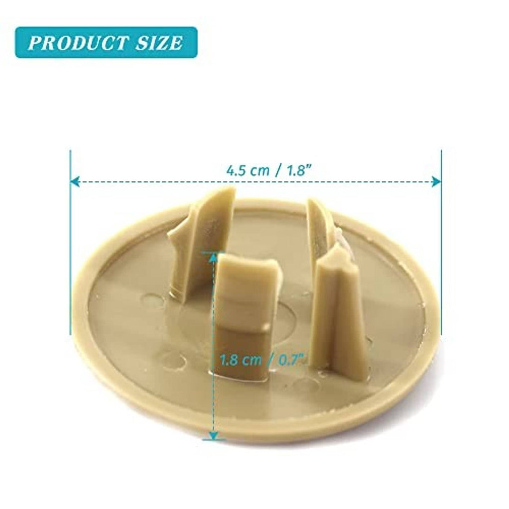 Beige oval armrest cover cap base with three mounting clips, underside view
