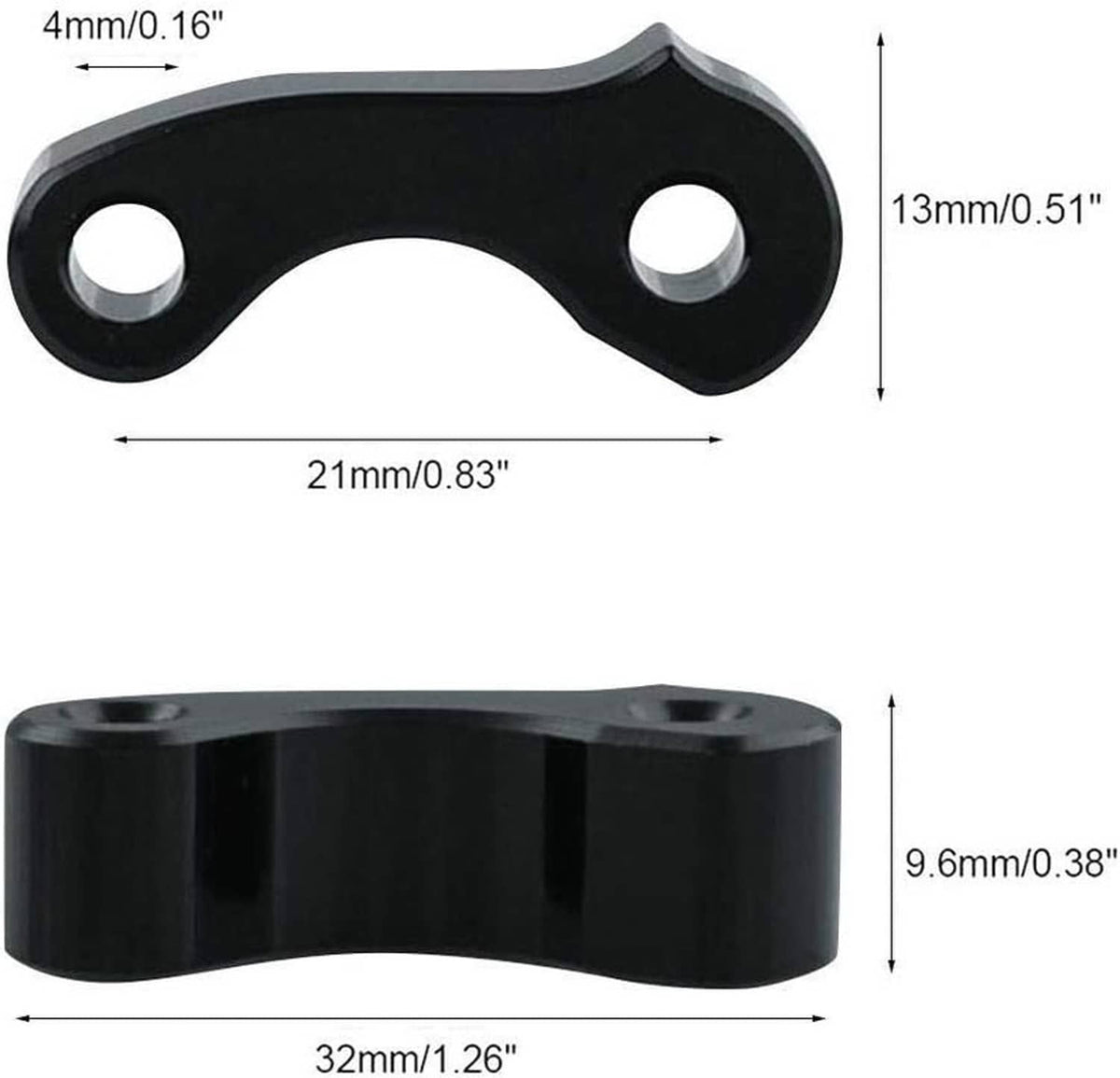 Black rear window latch hinge pivot with two mounting holes, side and top dimensions
