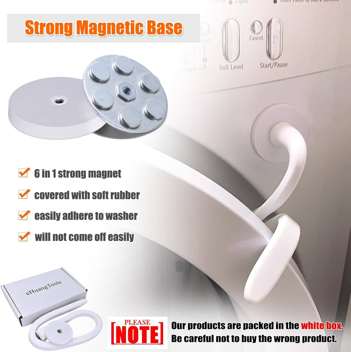 White magnetic washer door prop base with rubber-coated magnet and stopper arm