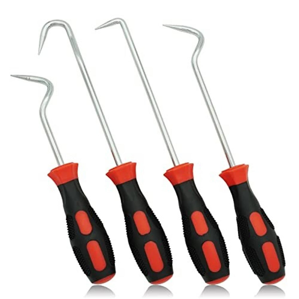 Four stainless steel hose removal hooks with black handles and red rubber end caps