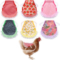 Assorted chicken saddle aprons with colorful prints and white ruffled lace trim; six styles shown
