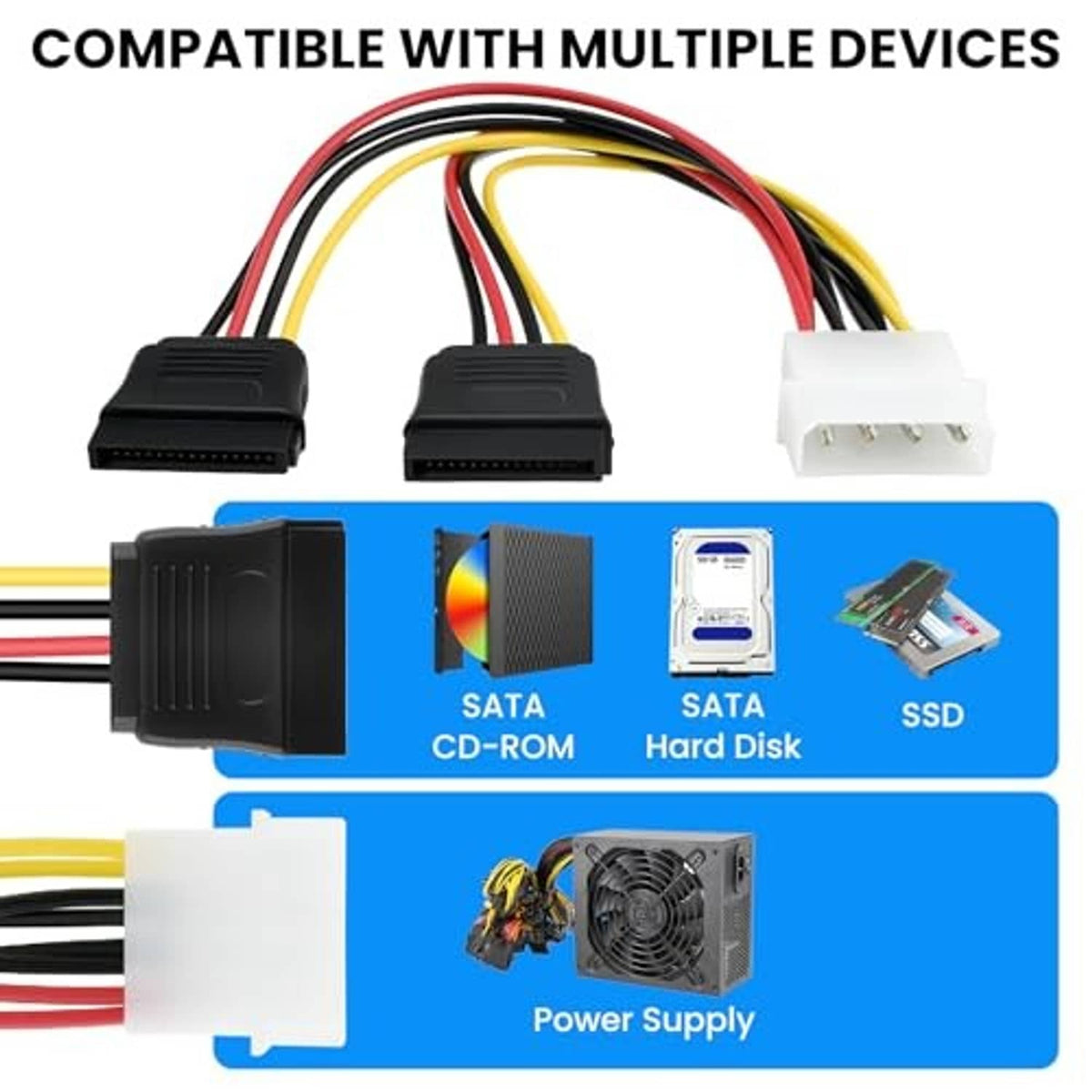 Dual SATA power connectors and 4-pin Molex plug adapter cable for various drives