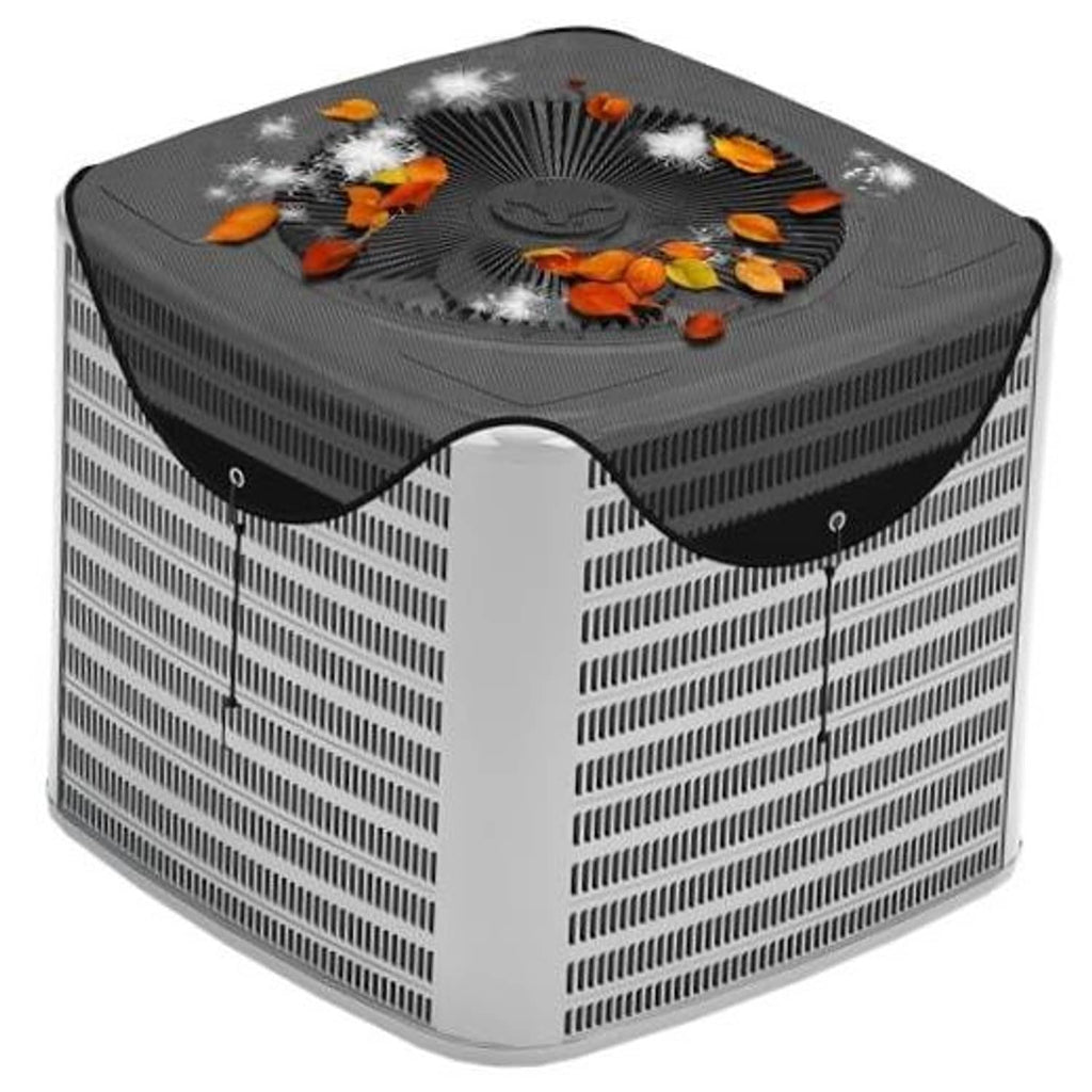 Black mesh outside AC unit cover with fitted top and elastic hook points