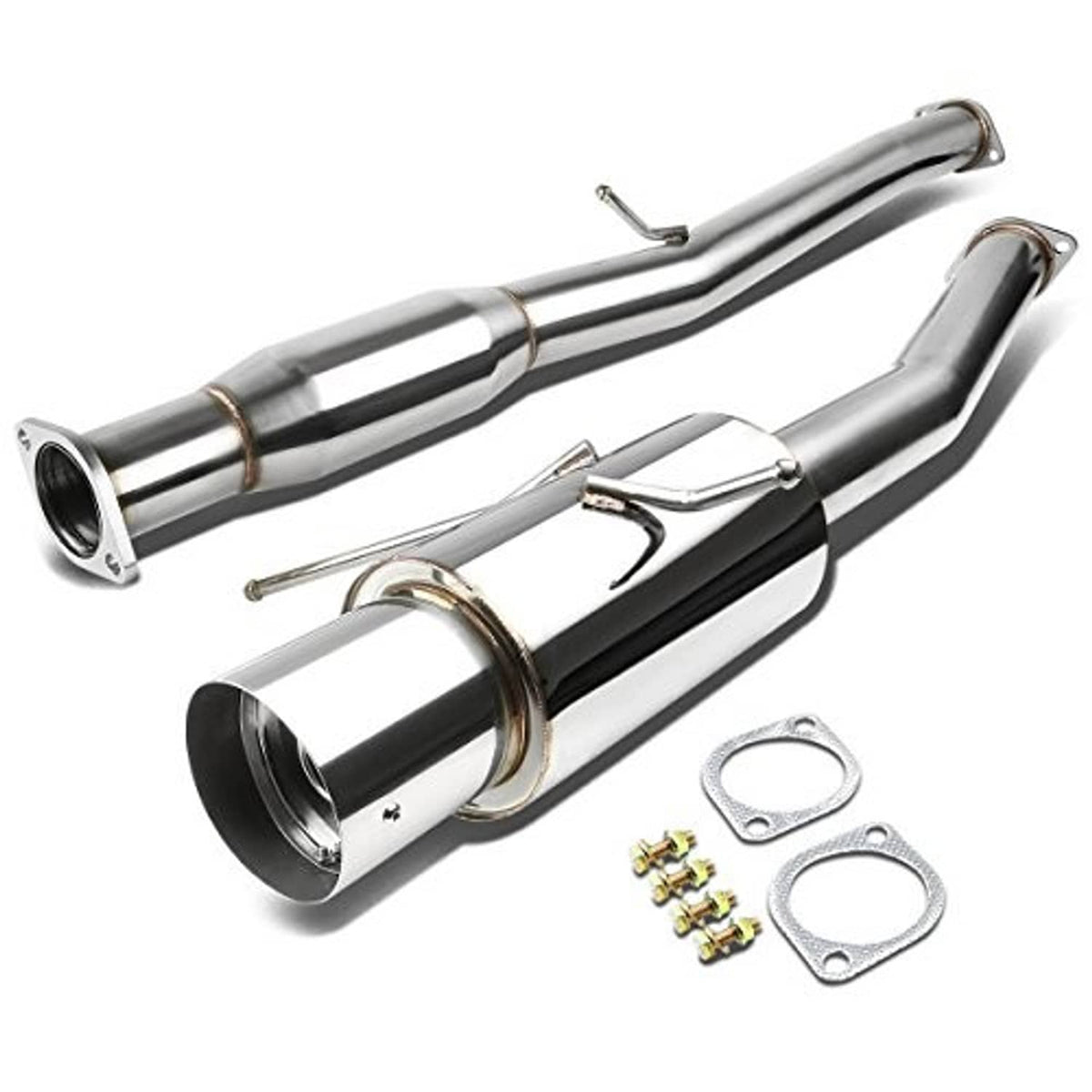 Cat-back exhaust pipes with muffler, polished stainless finish, and included hardware