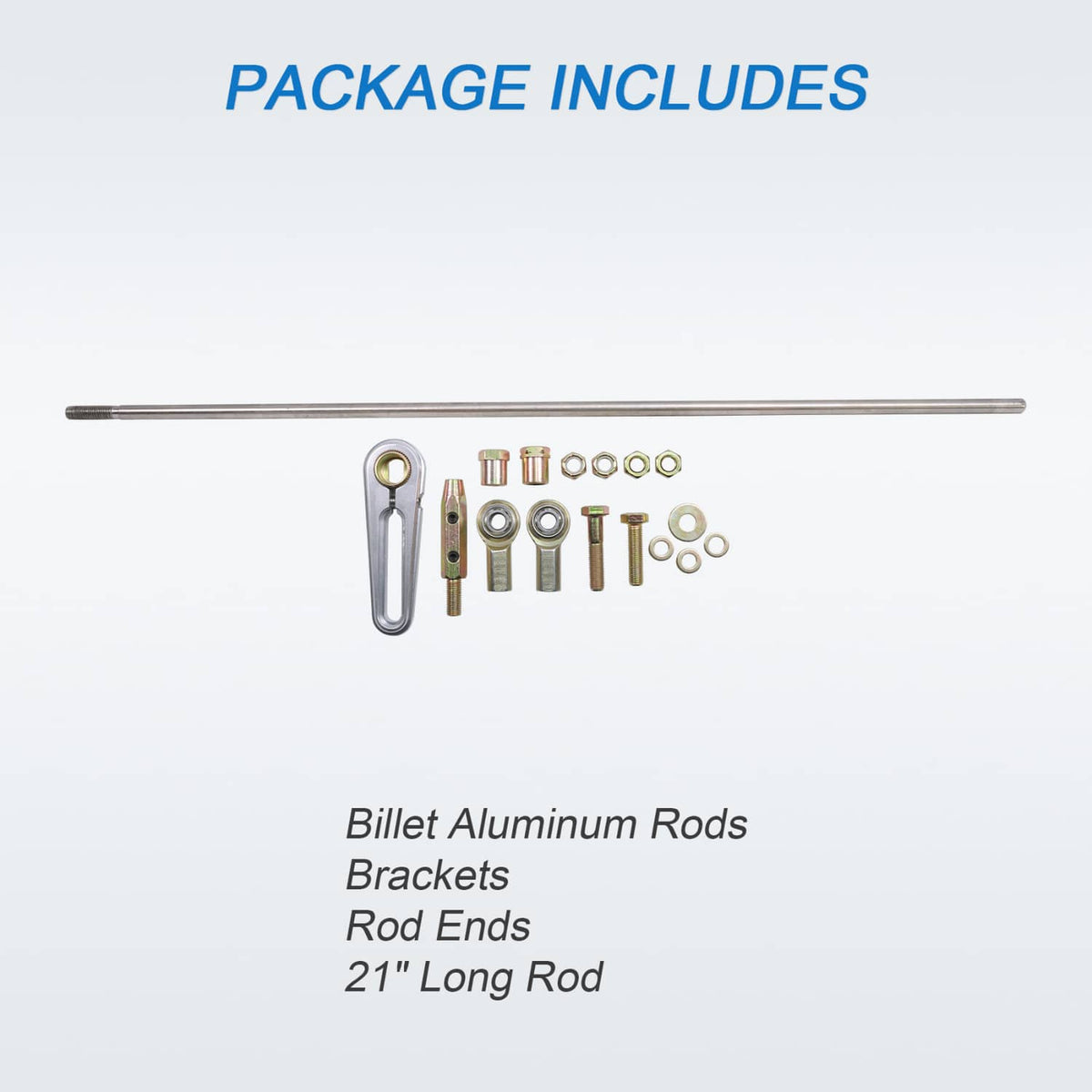 Universal adjustable column shift linkage kit contents with billet rods and rod ends