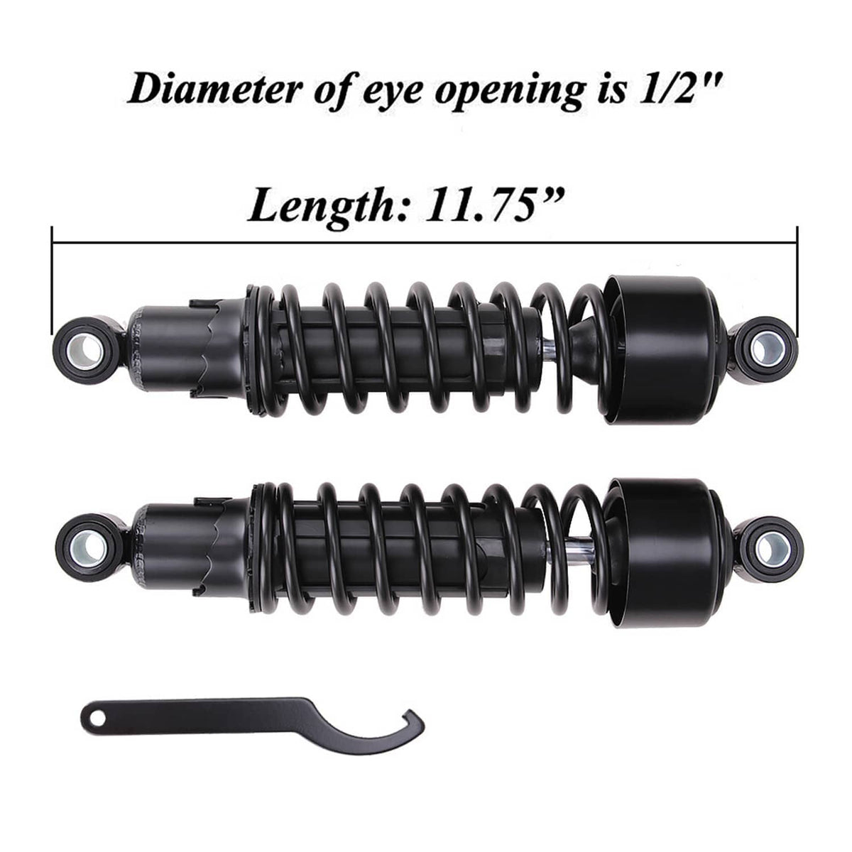 Set of black rear shocks with coil springs, eyelet mounts, and included installation wrench