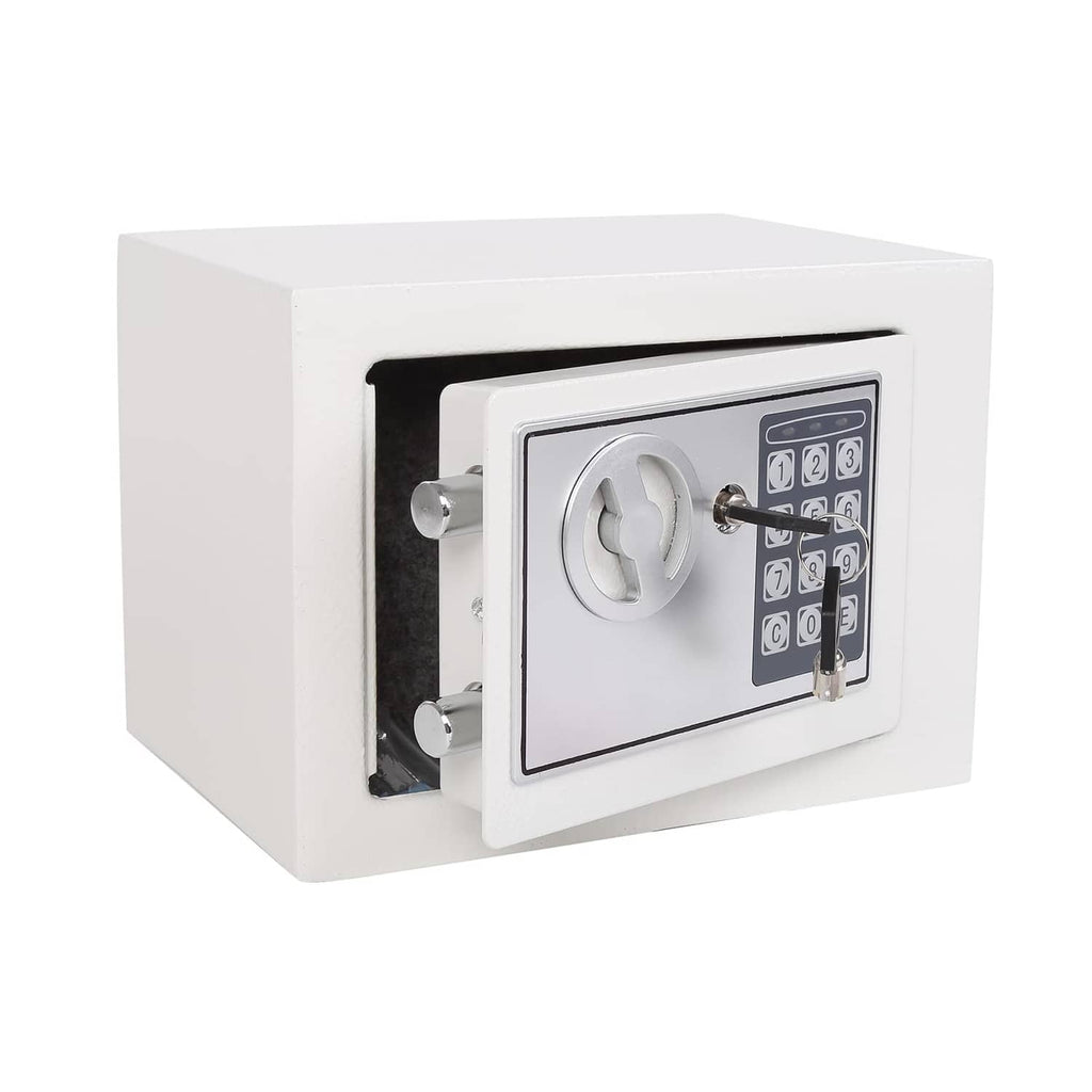 White electronic security safe box with keypad lock and key cylinder