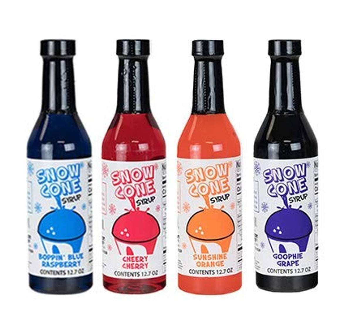 Sno Cone syrup bottles 4-pack: Boppin Blue Raspberry, Cheery Cherry, Sunshine Orange, Goophie Grape
