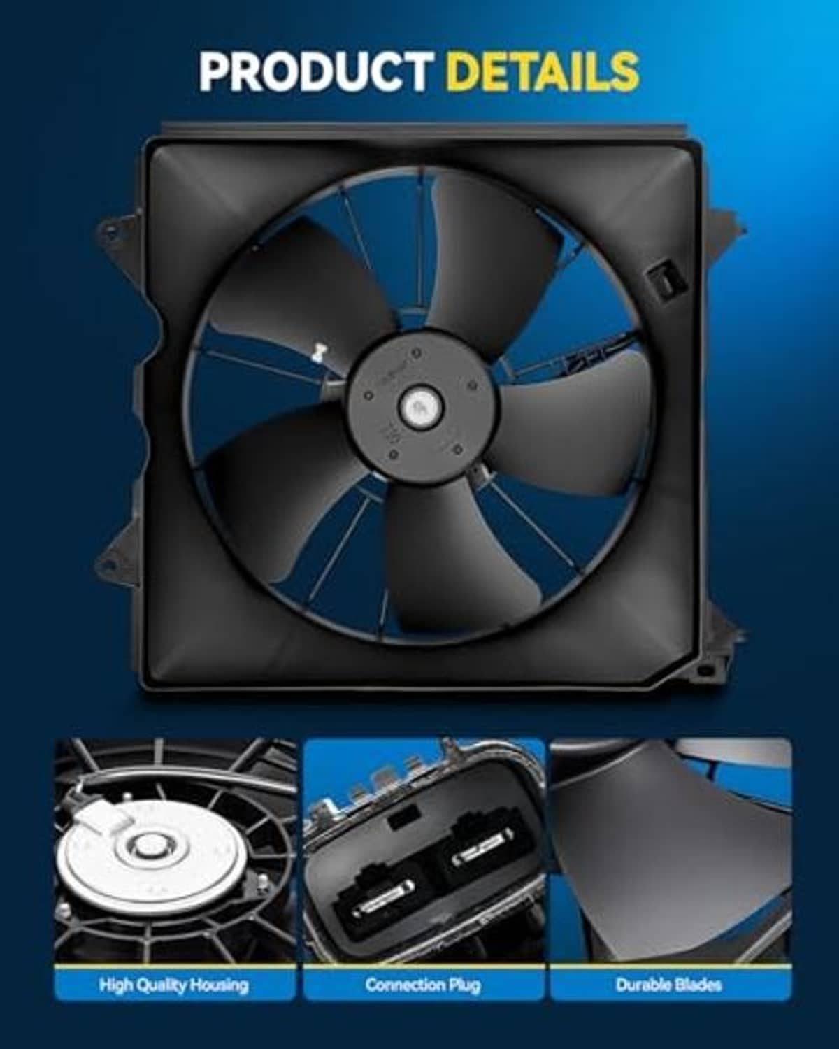Radiator cooling fan assembly close-up: black housing with multi-blade fan and motor hub