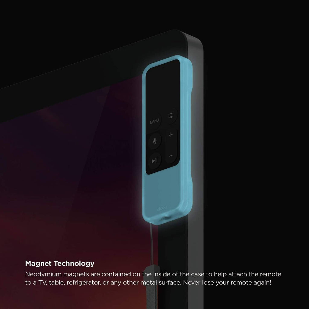 Light blue silicone remote case around remote, with strap cord hanging.