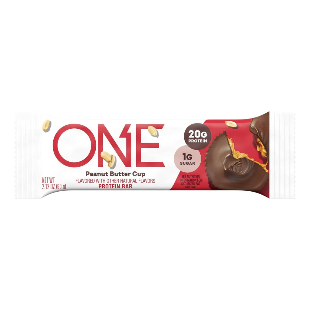 ONE peanut butter cup protein bar in wrapper, showing 20g protein and 1g sugar.