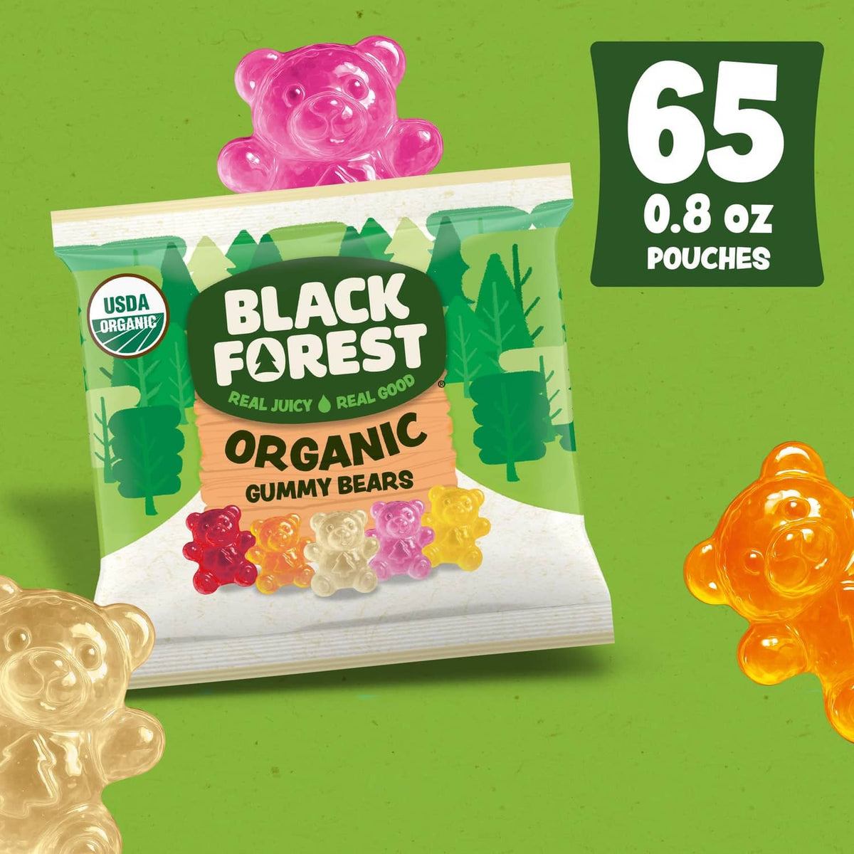 Organic gummy bear pouch with badge reading 65 0.8 oz pouches and colorful bears.