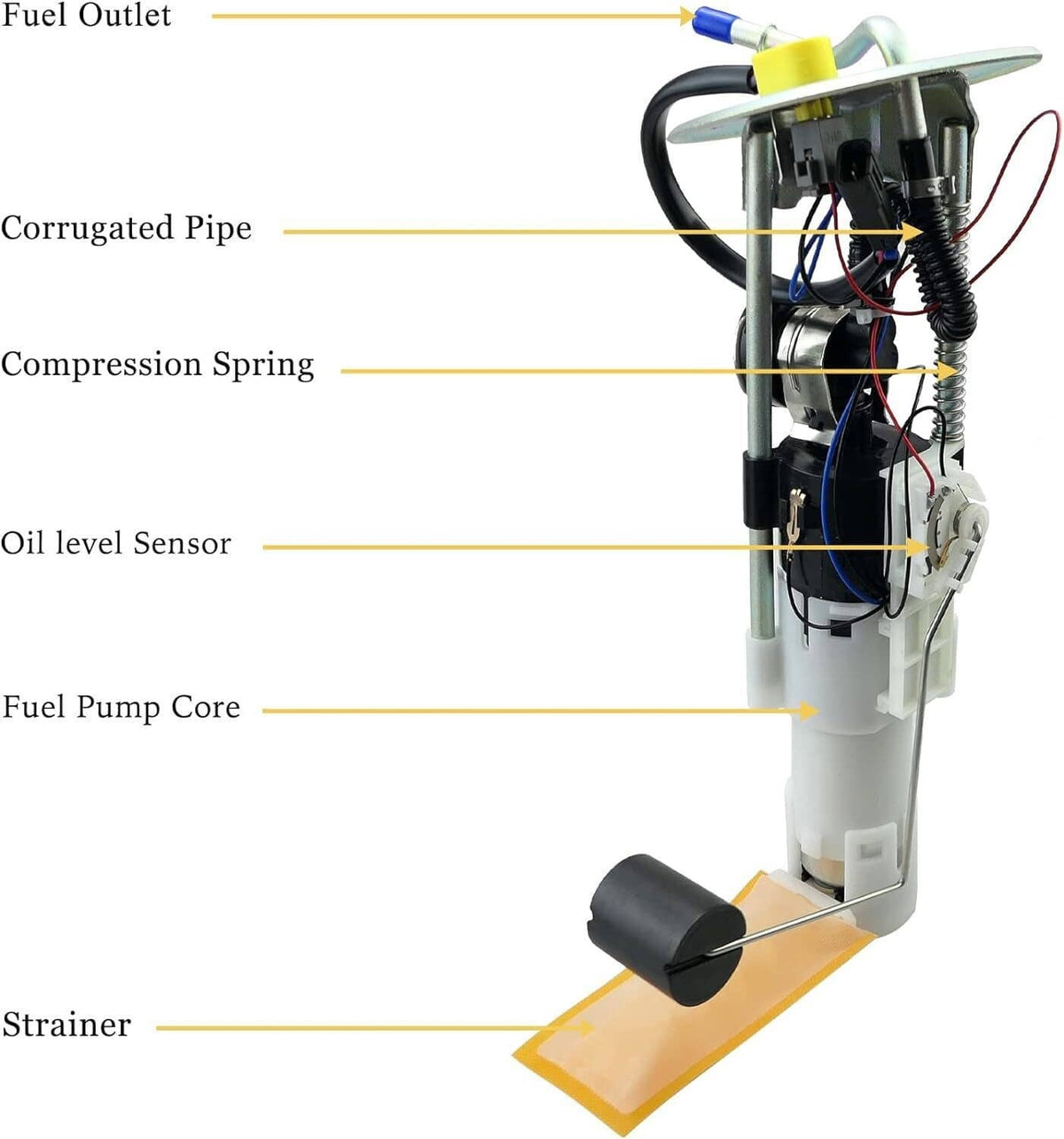 Fuel pump outlet assembly diagram showing corrugated pipe, spring, sensor and core