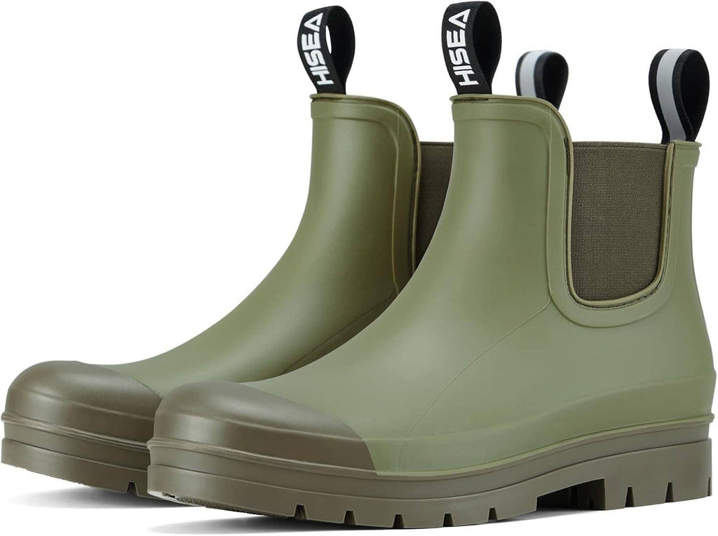 Women’s olive green waterproof chelsea rain boots with elastic side panels and lug sole