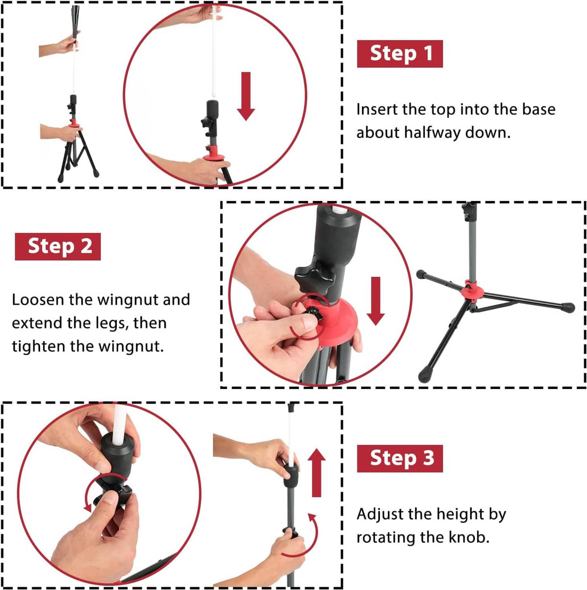 Adjustable batting tee setup showing telescoping stand, red base, and rubber tee top