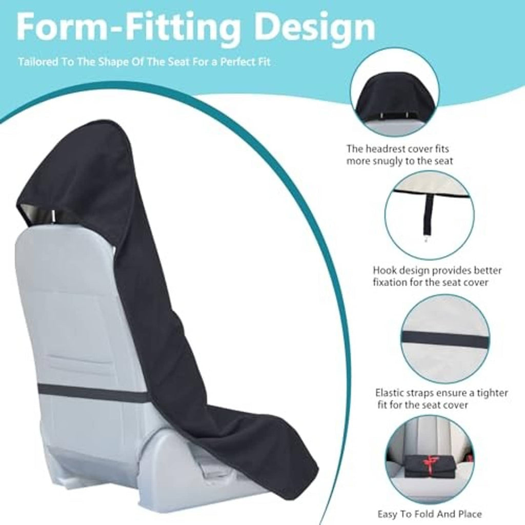 Black front seat cover with headrest area, form-fitting panels, and fixing straps