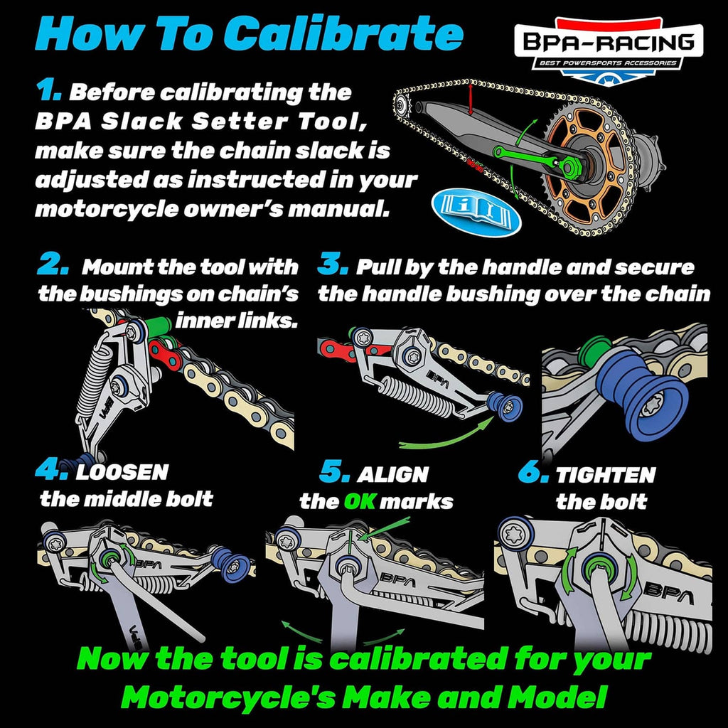Motorcycle chain slack adjuster tool calibration infographic with illustrated tool positions