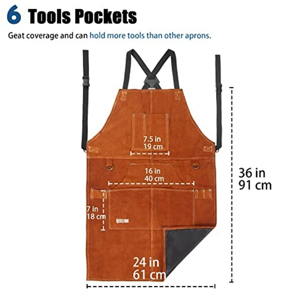 Brown leather welding apron diagram with six tool pockets and hanging straps