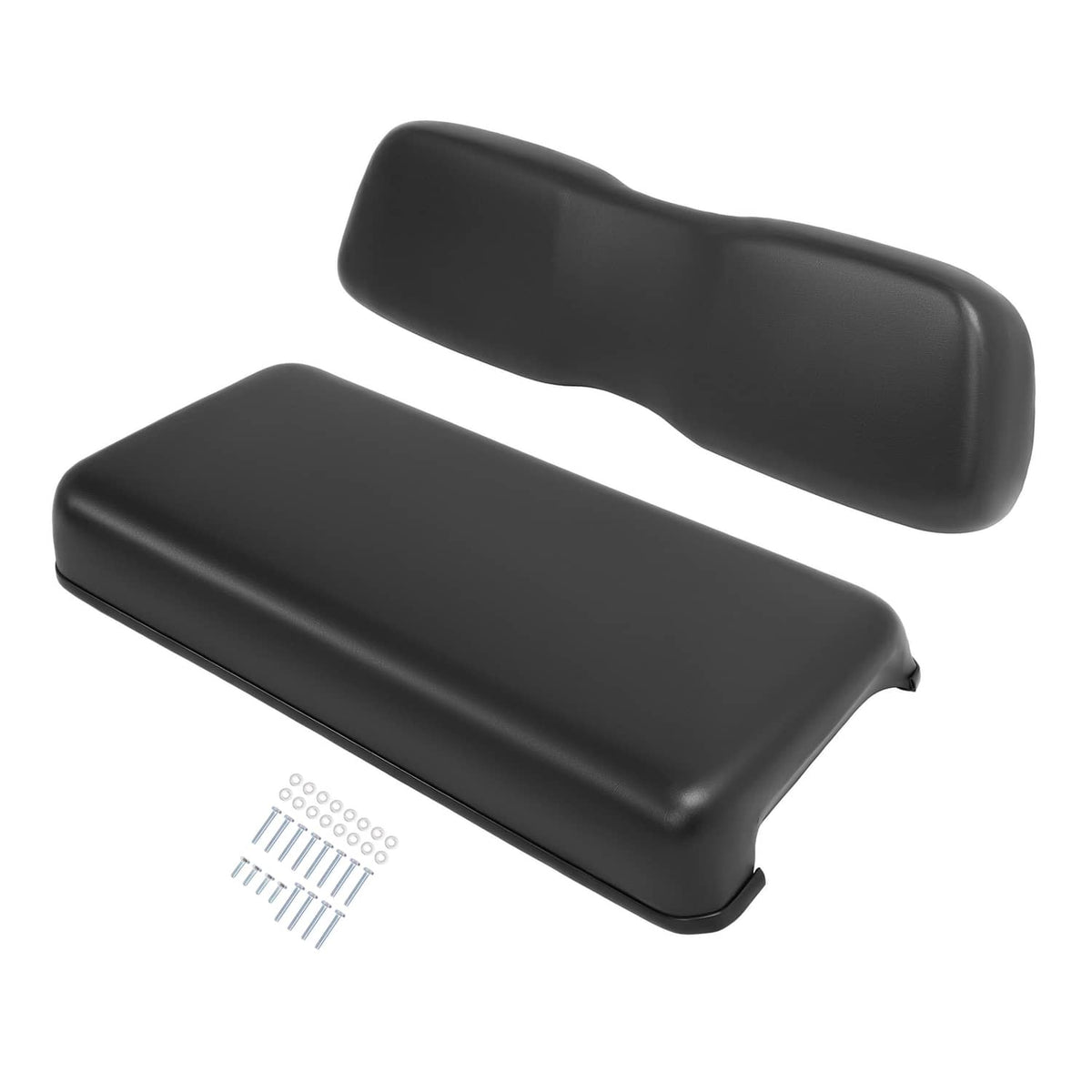 Black golf cart seat backrest and bottom cushion, angled view